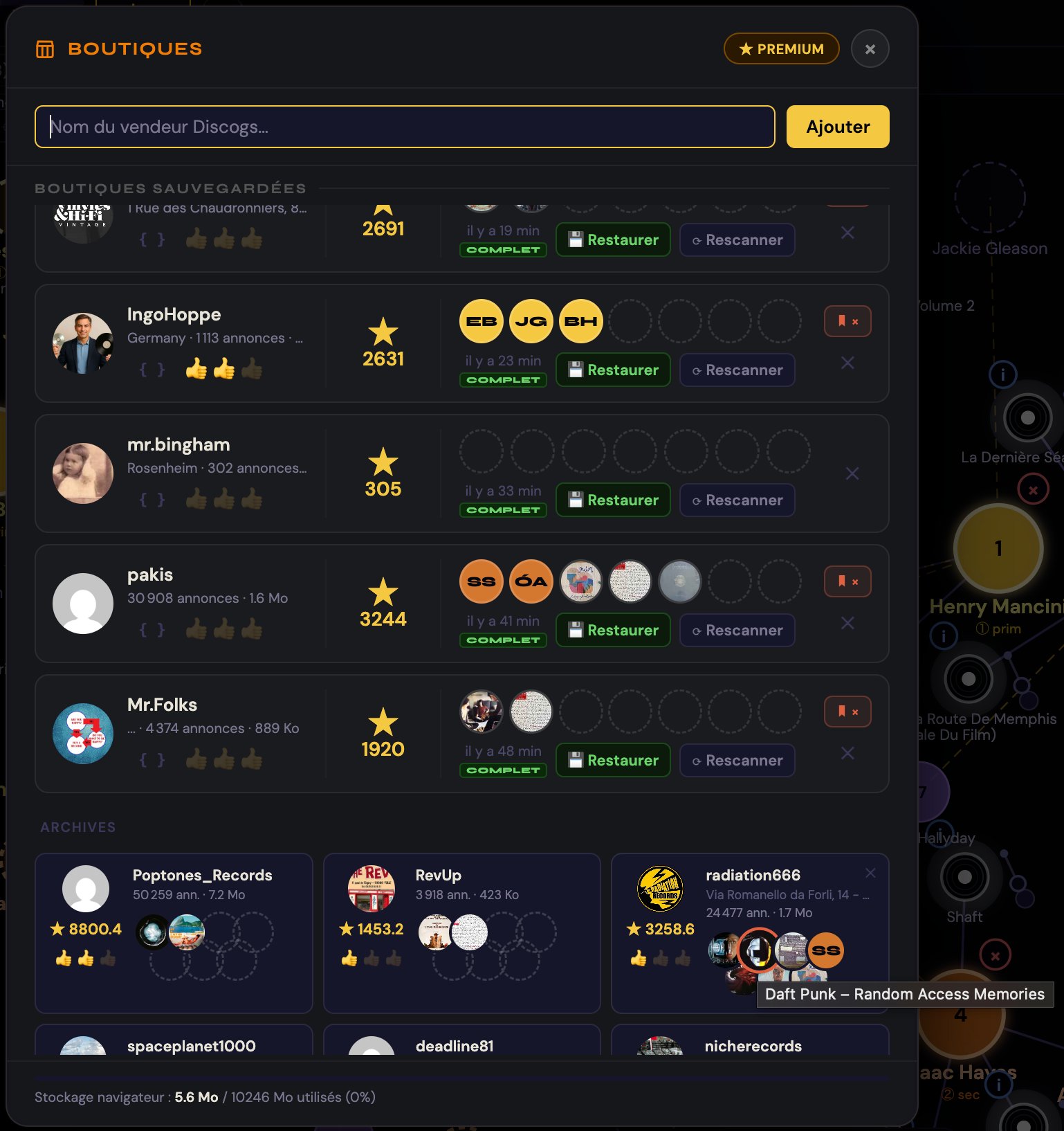 Gestionnaire de boutiques TuneArm — avatars, scores, statut de scan
