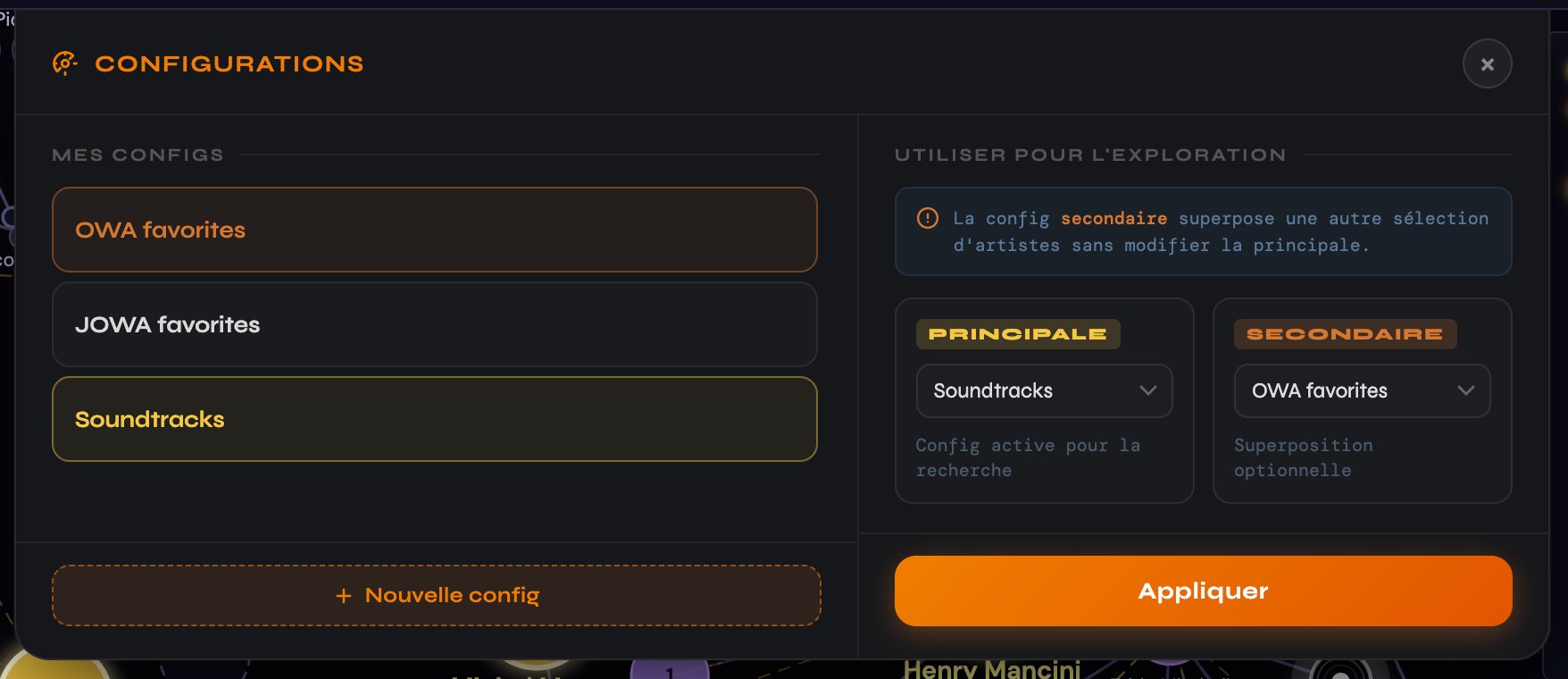 Éditeur de config TuneArm — recherche d'albums, poids, discographie