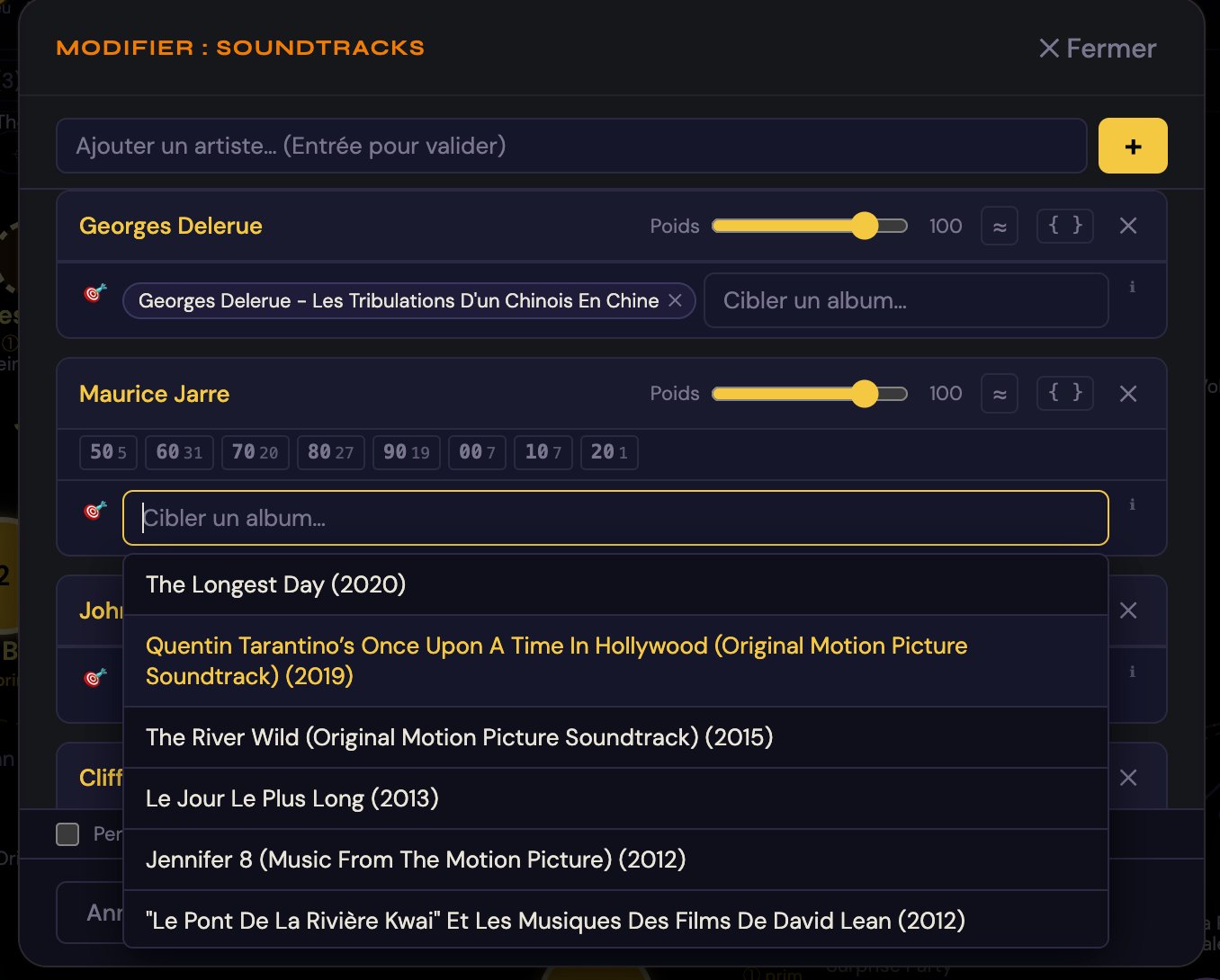 Panneau Configurations TuneArm — configs principale et secondaire